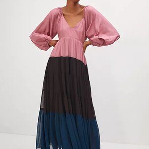 New Anthropologie Nirmooha Puff-Sleeved Color blocked Pink  Maxi Dress Small
